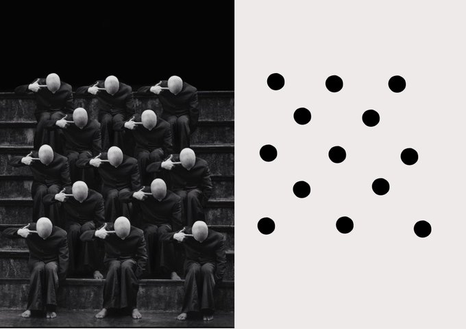 A black and white photo on the left shows nine identical bald figures in suits sitting on stairs pointing at their heads, paired with a pattern of black dots on the right.