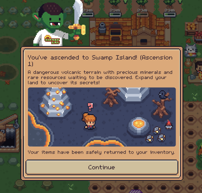 A screenshot from a pixel art game showing a popup that reads "You've ascended to Swamp Island! (Ascension 1)" with a description of "A dangerous volcanic terrain with precious minerals and rare resources waiting to be discovered."