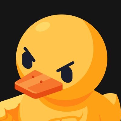 An angry-looking cartoon yellow duck mascot with furrowed brows and an orange beak set against a dark gray background.