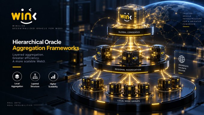 A promotional graphic for 'wink - WinsLink Decentralized Oracle for Web3' showcasing a 'Hierarchical Oracle Aggregation Framework' with glowing 3D server structures organized into 'GLOBAL CONSENSUS,' 'REGIONAL AGGREGATION,' and 'LOCAL NODE GROUPS,' highlighting 'Local Aggregation,' 'Layered Structure,' and 'Higher Scalability.'