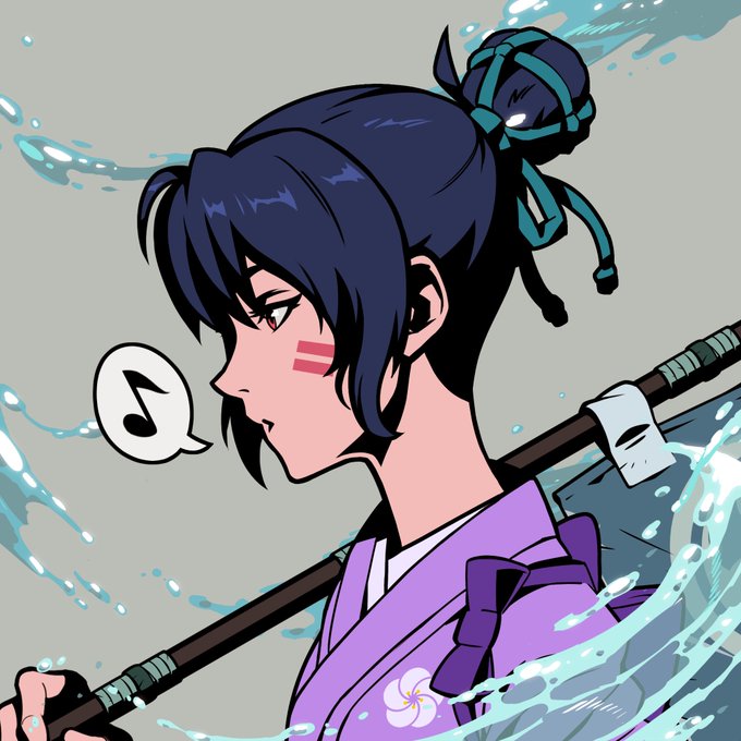 Digital fan art depicts an anime character with dark blue hair in a bun, wearing a purple kimono and carrying a sword, surrounded by splashing water with a music note icon.