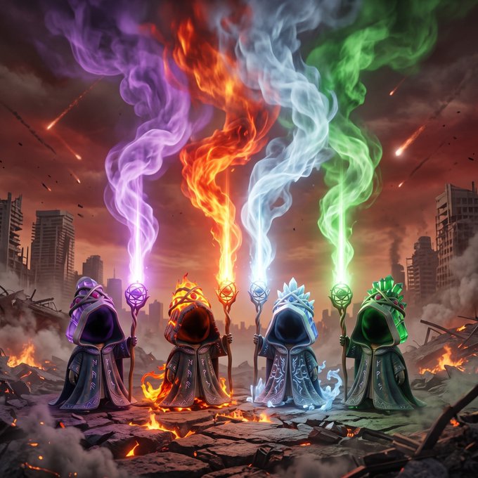 Four robed figures stand in a ruined, fiery cityscape, each channeling a towering plume of elemental energy—purple, orange, blue, and green—from magical staffs, symbolizing the "Checker" NFT collection's elemental themes and its blockchain-powered rise amid chaos.