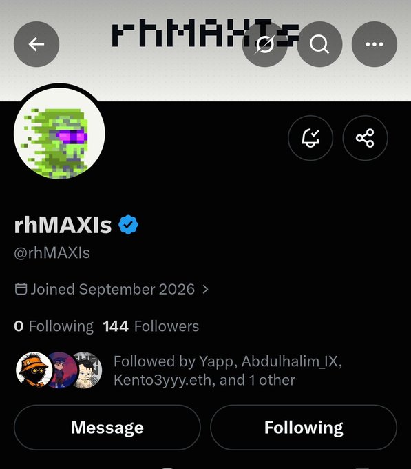 A Twitter/X profile page for 'rhMAXIs' (@rhMAXIs), verified with a blue checkmark, showing 0 Following and 144 Followers, joined September 2026, with a pixelated green avatar.