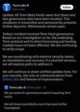 A tweet from Term Labs (@term_labs) announcing that all Term Meta Vaults have been shut down due to a governance exploit, with withdrawals reopened but the underlying Term protocol and lending markets reportedly unaffected.