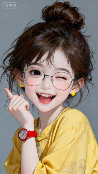An AI-generated illustration (marked 'AI生成') of a smiling girl with glasses, a bun hairstyle, and a yellow top, pointing to a red watch.