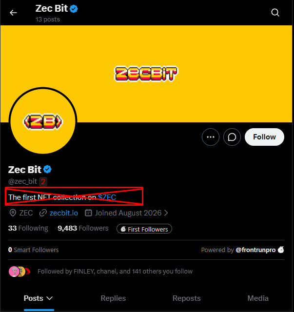A Twitter/X profile page for "Zec Bit" (@zec_bit) with a yellow banner and ZB logo, bio reading "The first NFT collection on $ZEC" highlighted in red, and 9,483 followers.