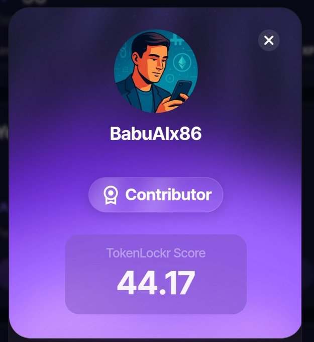 A profile card for 'BabuAlx86' marked as 'Contributor' with a TokenLockr Score of 44.17, featuring an avatar of a man looking at a smartphone on a purple gradient background.