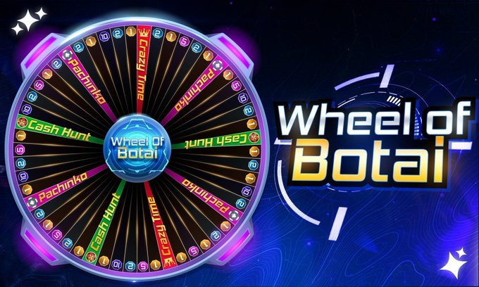 Logo and promotional graphic for 'Wheel of Botai' displaying a colorful spinning wheel divided into segments labeled 'Crazy Time', 'Cash Hunt', and 'Pachinko'.