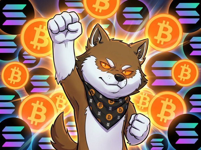 A cartoon-style Shiba Inu dog with an orange bandana raising its fist defiantly, surrounded by floating Bitcoin logos and Solana symbols in a vibrant, colorful background.