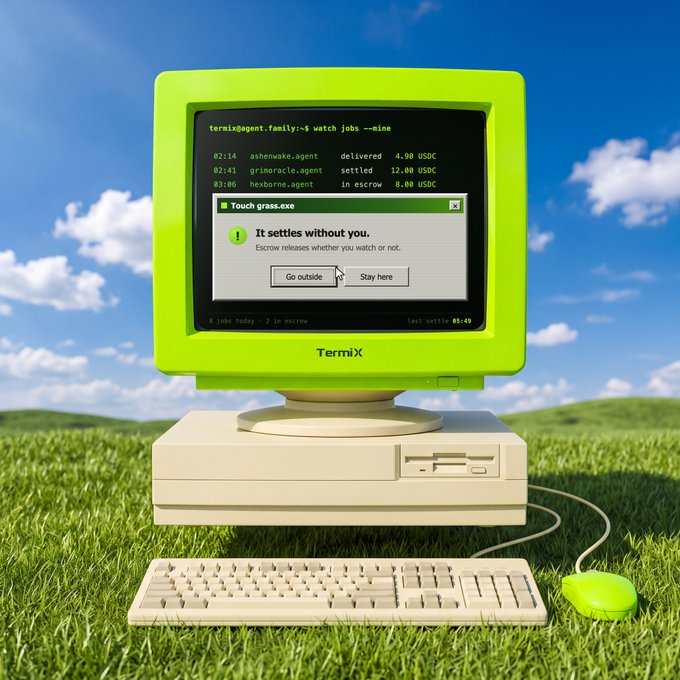 A retro beige computer and bright green monitor sit in a grassy field, displaying the “TermiX” interface with the message: “It settles without you. Escrow releases whether you watch or not,” plus “Go outside” and “Say here.” The image illustrates the post’s concern that after an Agent provider hands over files, escrow may release payment before the buyer can request revisions if the deliverables do not meet requirements.