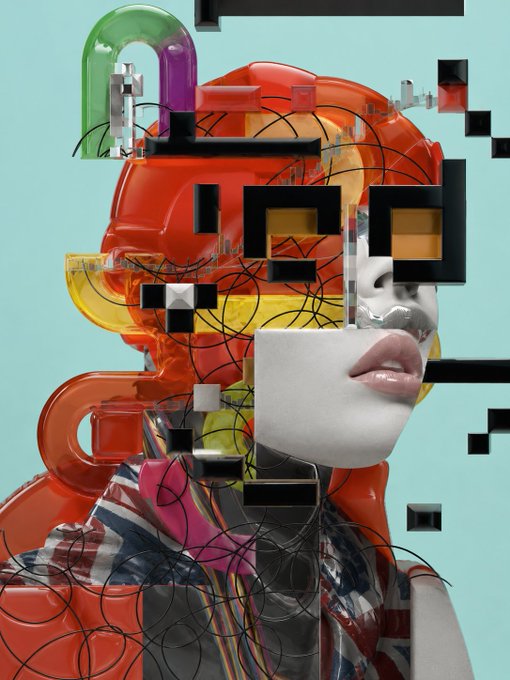 Abstract digital collage artwork featuring geometric shapes, colorful plastic-like textures, and a partial face with lips against a mint green background.