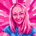 A stylized pink-tinted portrait illustration of a smiling blonde woman set against a background of radiating pink sunburst rays.