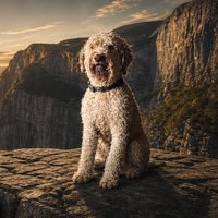 A curly-haired cream-colored dog sits on a rocky outcrop overlooking a dramatic canyon landscape at golden hour, while the post promotes the Solana meme coin $CARL and a Gigachad-themed trading tool with a contract address and tracking link.
