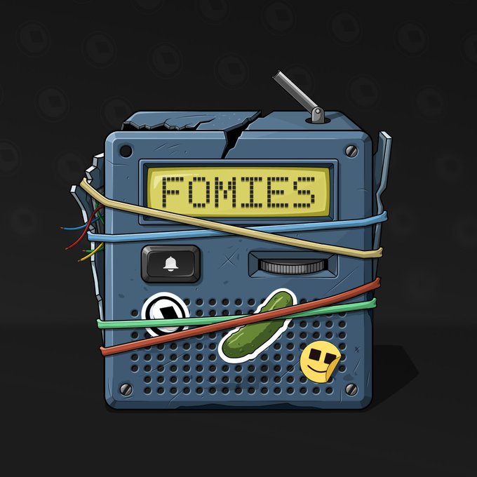 An illustration of a blue, damaged, and worn electronic device or pager with an antenna, displaying 'FOMOTES' on its yellow LCD screen, wrapped with colorful wires and adorned with stickers including a pill-shaped decal and a smiley face, set against a dark background.