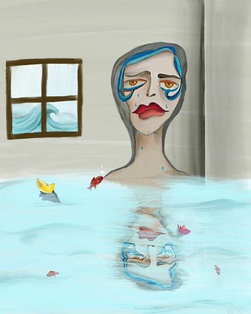 A digital painting portrays a melancholic figure with blue streaks in their hair and red tears floating in floodwater inside a room, accompanied by a small paper boat and a red fish.