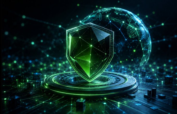 A digital art illustration featuring a glowing green shield emblem hovering over a circular platform, set against a dark blue background with a wireframe globe and scattered light particles.