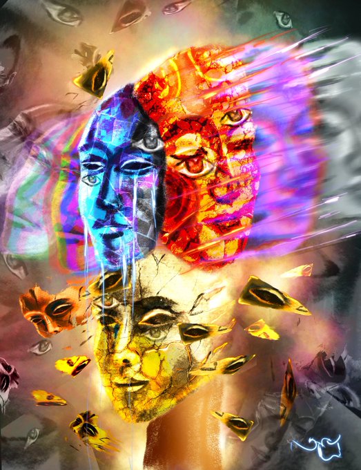 A vibrant, surreal digital artwork features overlapping, fragmented faces rendered in bright blues, reds, and yellows, surrounded by floating golden mask-like shapes with a small blue signature in the bottom right corner.