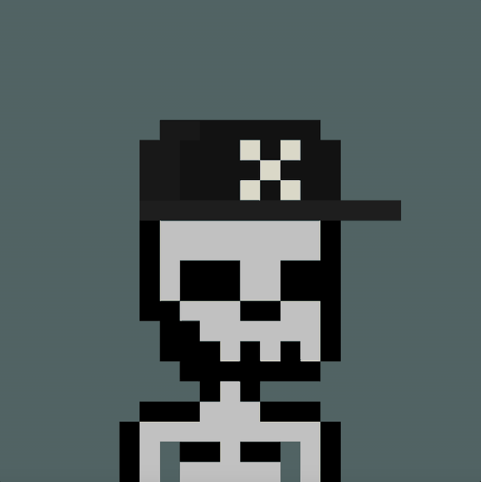 A pixel art portrait of a bearded man wearing a black cap with a cream-colored symbol on it, set against a dark blue-gray background.
