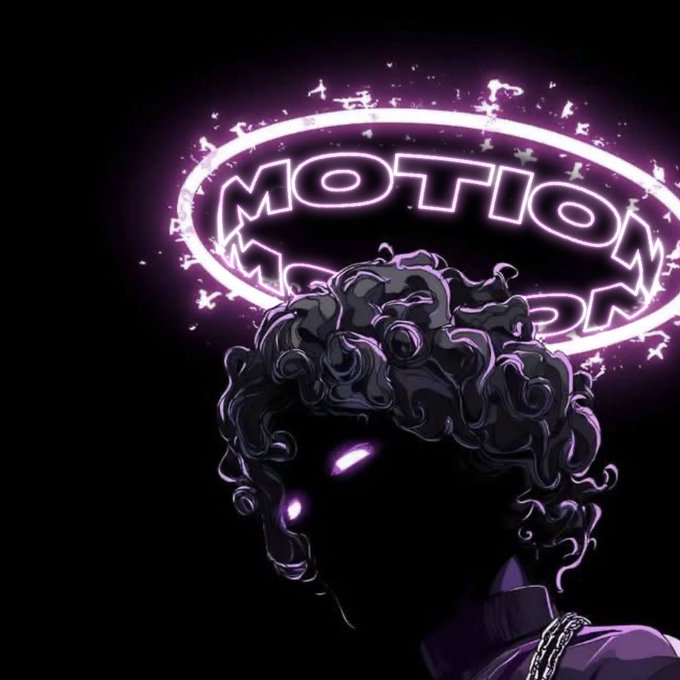 A dark silhouette of a person with curly hair and glowing purple eyes stands beneath a neon halo sign that reads 'MOTION' in pink light.