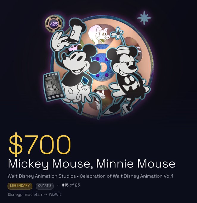 A Disney pin listing showing 'Mickey Mouse, Minnie Mouse' from Walt Disney Animation Studios' 'Celebration of Walt Disney Animation Vol. 1' priced at $700, labeled as Legendary #15 of 25, traded from Disneypinnaclefan to WizWit.