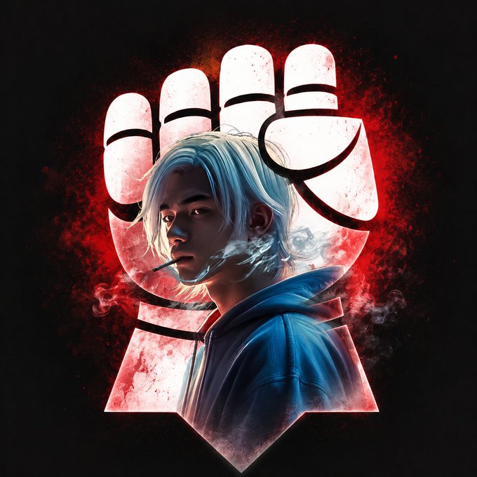 Digital artwork of an East Asian-style character with light blue hair smoking a cigarette, set against a dark background with a large red and white fist symbol and kanji-like markings.