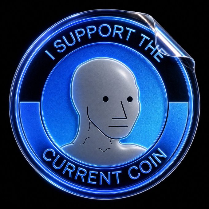 A glowing blue circular sticker or emblem featuring an illustrated gray figure with the text 'I SUPPORT THE CURRENT COIN' around the border.