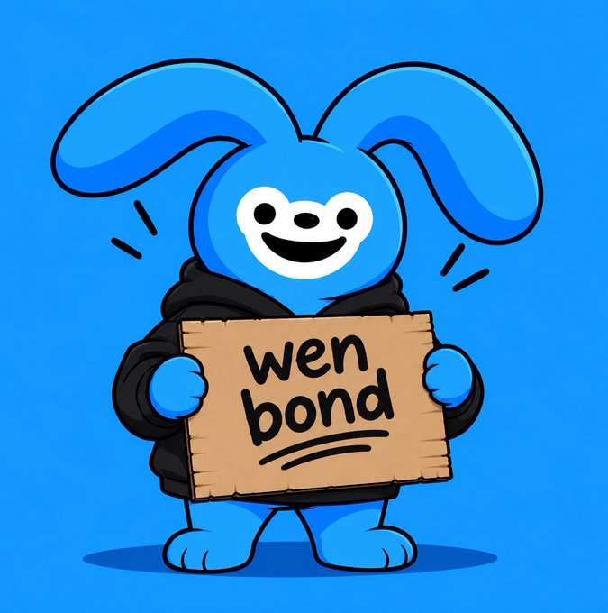A cartoon illustration of a blue, smiling dog-like character holding a cardboard sign that reads 'wen bond'.