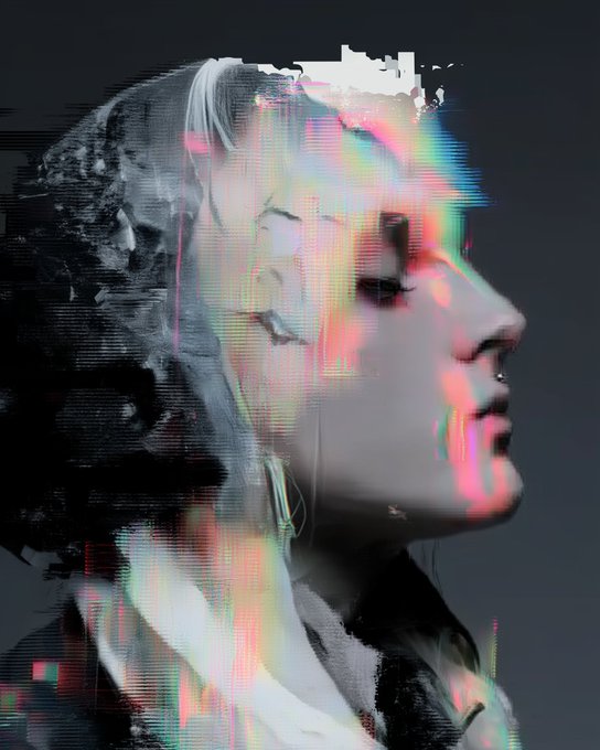 A stylized, glitch-effect portrait of a woman in profile with digital distortion, pink and green color streaks, and a dark background.