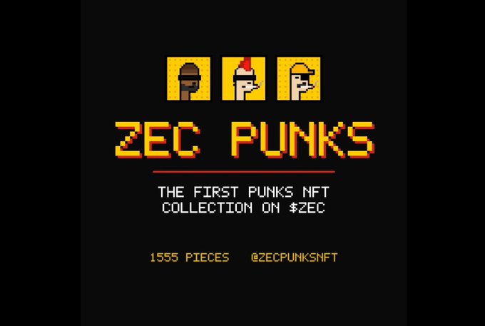 A pixel-art style promotional graphic for "ZEC PUNKS" with three character icons, displaying the tagline "THE FIRST PUNKS NFT COLLECTION ON #ZEC," "1555 PIECES," and the handle "@ZECPUNK$NFT." The image serves as the giveaway announcement for the Zcash-based Punks NFT collection mentioned in the post.