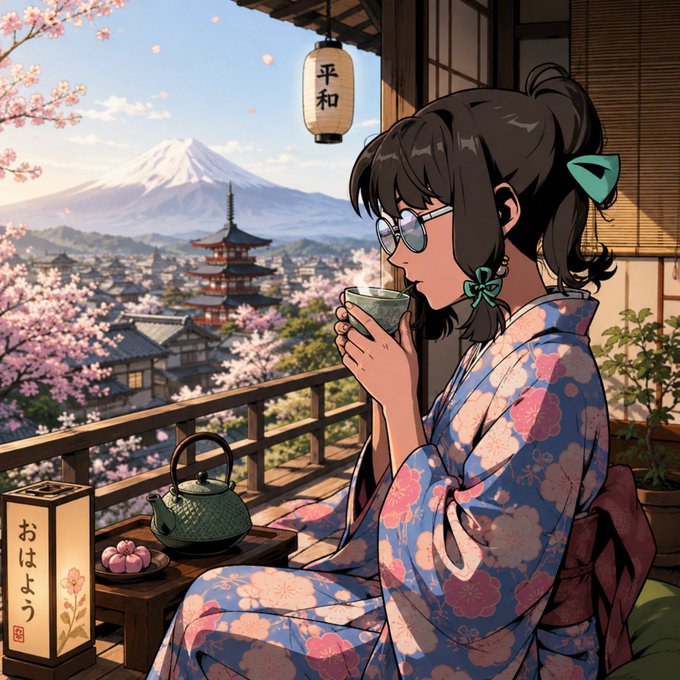 An anime-style illustration of a dark-haired woman in glasses and a floral kimono sipping tea on a wooden balcony, with Mount Fuji, a pagoda, and cherry blossoms visible in the background alongside Japanese lanterns reading '平和' and 'おはよう'.