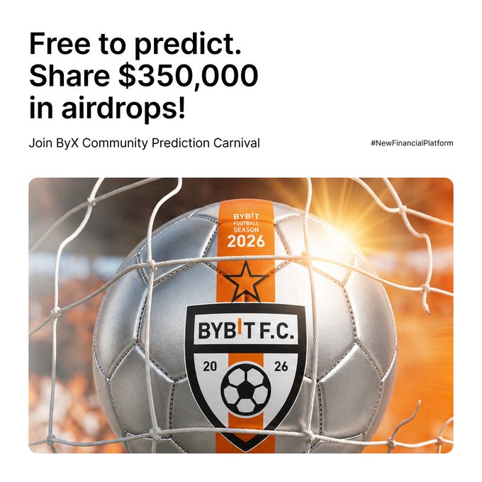 A promotional graphic for the ByX Community Prediction Carnival announces "Free to predict. Share $350,000 in airdrops!" alongside an image of a soccer ball stamped with the "BYBIT F.C." crest and "2026 Bybit Football Season" text, highlighting Bybit's free-to-play football prediction event tied to the 2026 tournament.
