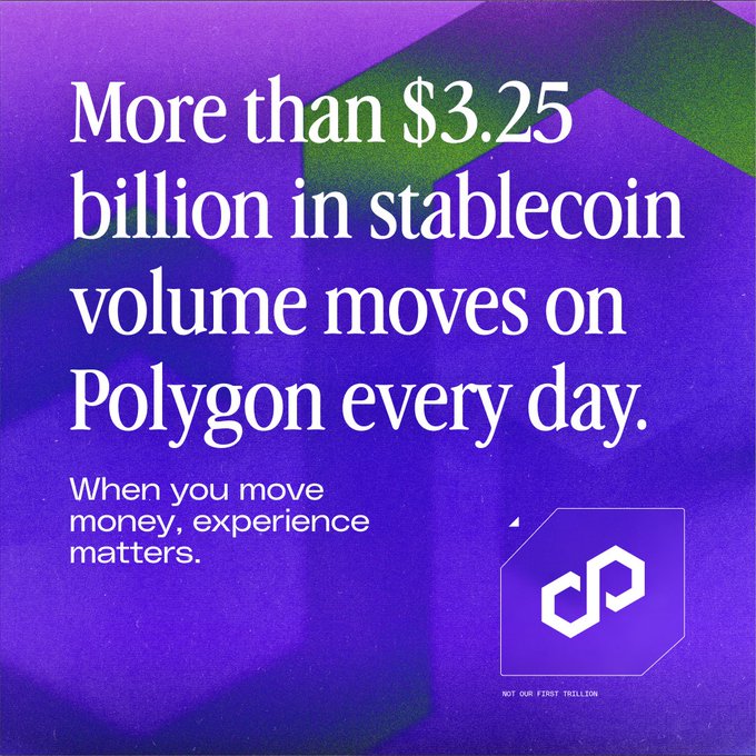 A purple promotional graphic for Polygon featuring bold text reading "More than $3.25 billion in stablecoin volume moves on Polygon every day," accompanied by the tagline "When you move money, experience matters" and the Polygon "p" logo with the phrase "NOT OUR FIRST TRILLION." The image visually reinforces the post's message about Polygon's significant daily stablecoin transaction volume on its blockchain.