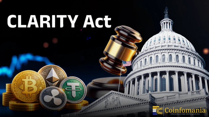 A dark blue background features a white building with a gold dome, accompanied by a gavel and Bitcoin coins on the left side.