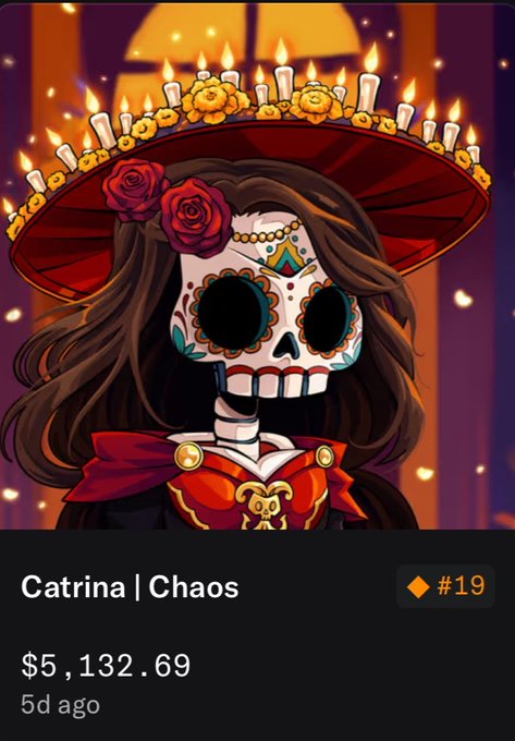 The image displays a graphic with an illustration featuring a skeleton wearing a hat and dress, with ruffles adorning its head. The caption includes information about the artist, @DedGorgez, who has crafted this unique piece of artwork, and the price of $5,123.69. A social media post is also included that indicates that this project was recently completed and may be up for sale.