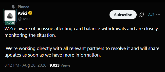A pinned tweet from Avici (@avici) with a verified badge acknowledges an "issue affecting card balance withdrawals" and states they are working with partners to resolve it, posted at 8:42 PM on August 28, 2026, with 9,023 views. The image serves as Avici's official confirmation of the security breach referenced in the accompanying post about a $660k+ exploit on the Solana-based neobank.