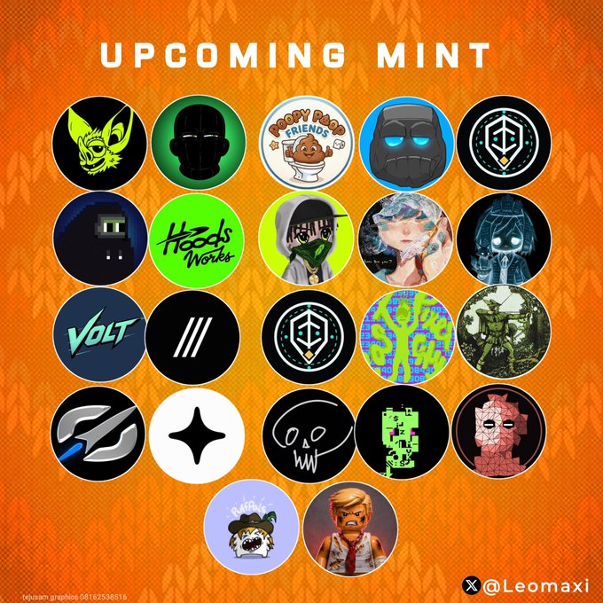 An orange promotional graphic titled "UPCOMING MINT" displays a grid of 20 circular NFT project logos, with the handle "@Leomaxi" credited at the bottom and a designer tag "afeiaam.graphicx 06162538516" in the corner, highlighting upcoming NFT collections mentioned in the accompanying post.