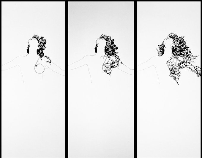 A triptych illustration in black ink on white paper showing the progressive transformation of a sketch into detailed rose tattoos covering a feminine silhouette's neck, chest, and back.
