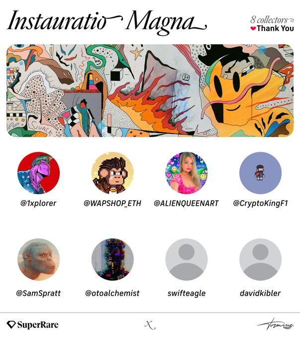 A SuperRare NFT listing page titled 'Instauratio Magna' showing 8 collectors including @1xplorer, @WAPSHOP_ETH, and @ALIENQUEENART, featuring colorful abstract artwork at the top.