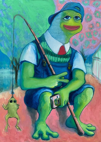 A colorful painting depicts an anthropomorphic green frog character wearing overalls, a white shirt, a red tie, and a backwards blue cap, holding a fishing rod with a smaller frog as the catch, and holding a phone displaying the number 69.