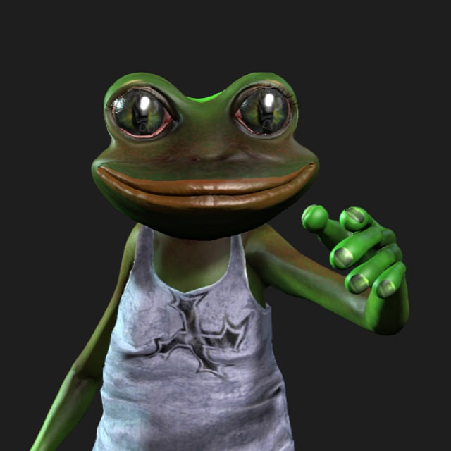 A 3D-rendered anthropomorphic frog with large glossy eyes and a wide grin wears a gray tank top while pointing forward with one hand against a dark background. The image plays on the "$pprgb" (Pepecoin) reference by humorously personifying the iconic Pepe the Frog meme character, likely used to promote buying the Pepe-themed token.