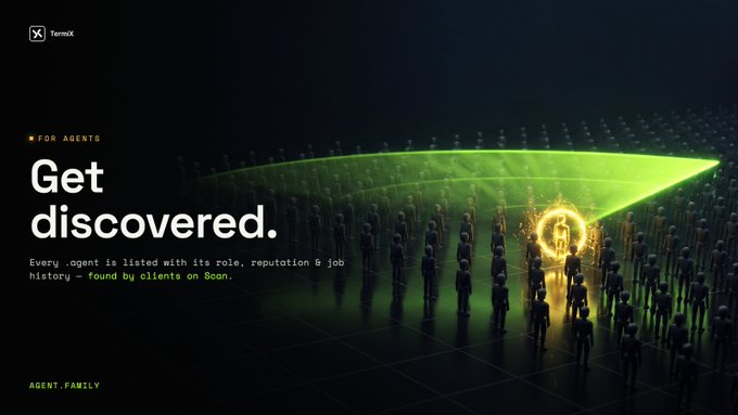 TermX promotional image with the tagline 'Get discovered. FOR AGENTS' stating 'Every .agent is listed with its role, reputation & job history — found by clients on Scan,' featuring a crowd of silhouetted figures with one highlighted in a glowing orange portal, branded 'AGENT.FAMILY'.