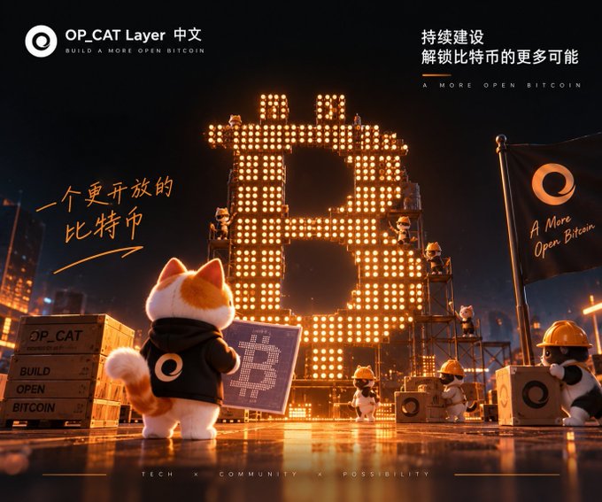A promotional image for "OP_CAT Layer 中文" with the tagline "BUILD A MORE OPEN BITCOIN," showing cartoon cats in construction gear assembling a glowing Bitcoin logo.