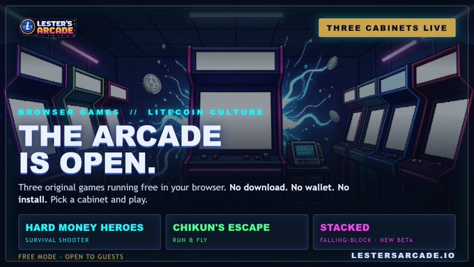 A website banner for 'Lester's Arcade' promoting three browser games: 'Hard Money Heroes' (survival shooter), 'Chikun's Escape' (run & fly), and 'Stacked' (falling block, new beta), with an arcade cabinet background and URL lestersarcade.io.