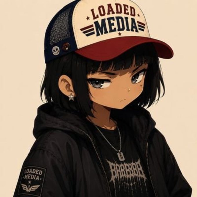 An anime-style illustration of a girl with short black hair wearing a 'LOADED MEDIA' trucker cap, black hoodie with gothic text, and a star earring.