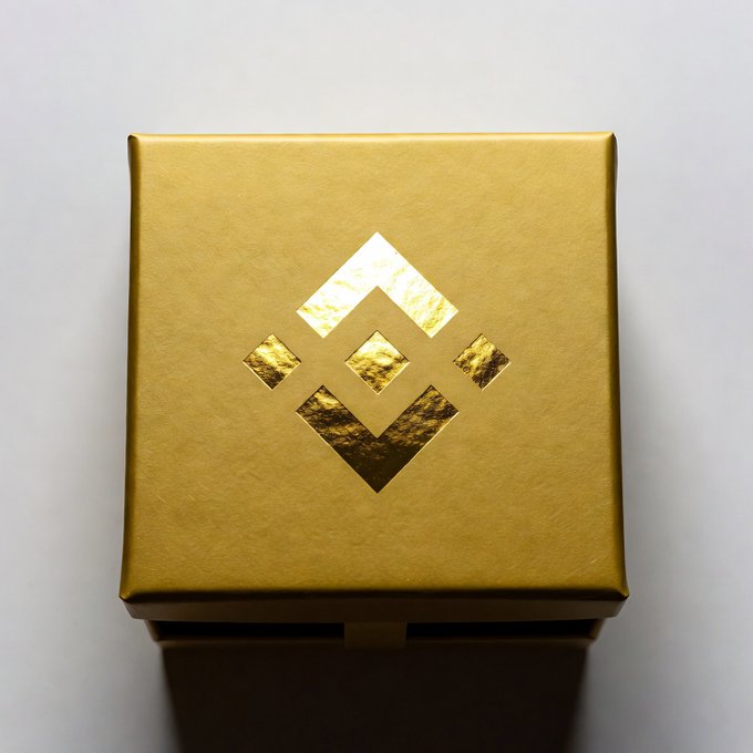 A gold-colored box featuring the Binance logo sits on a surface, likely serving as a reward or prize packaging for one of the Binance giveaways (such as the Cat Photo Contest or BuildWithYou Finance Prompts) mentioned in the post.