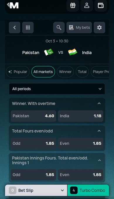 A mobile sports betting screen from Mostbet shows a cricket match between Pakistan and India on October 3 at 10:30, with odds displayed including Pakistan at 4.60 and India at 1.18.