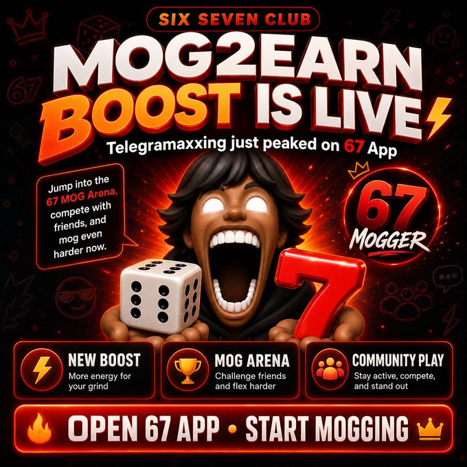A promotional graphic for 'SIX SEVEN CLUB' advertising a 'MOG2EARN BOOST IS LIVE' on the 67 App, featuring a screaming character and details about the MOG Arena and Community Play.