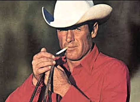 A vintage portrait of a cowboy wearing a white hat and red shirt, lighting a cigarette, evoking a classic Western style.