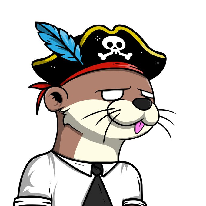 Cartoon illustration of a walrus dressed as a pirate with a skull-and-crossbones hat holding a fish.
