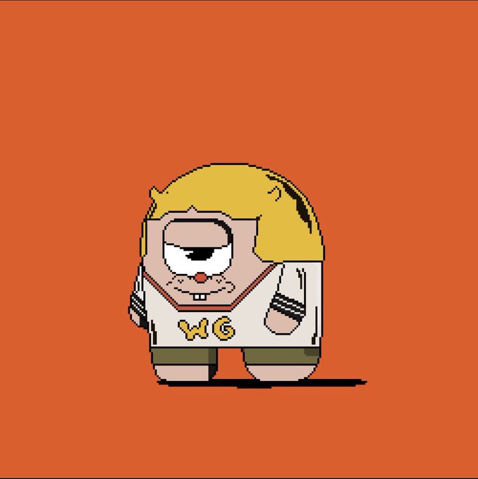 A cartoon pixel-art character with blonde hair, wearing a 'WG' jacket, standing against a bright orange background.